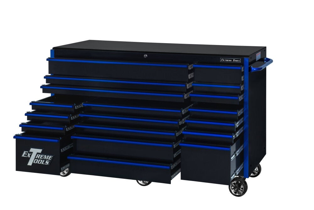 Extreme Tools RX Series 72 Inch W x 25 Inch D 19 Drawer Triple Bank Roller Cabinet 150 lbs Slides Black with Blue Drawer Pulls, large image number 2