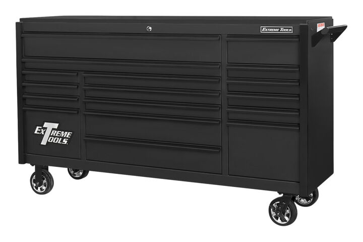 Extreme Tools DX Series 72 Inch W x 21 Inch D 17 Drawer Triple Bank Roller Cabinet 100 lbs Slides Matte Black w Gloss Black Drawer Pulls, large image number 1