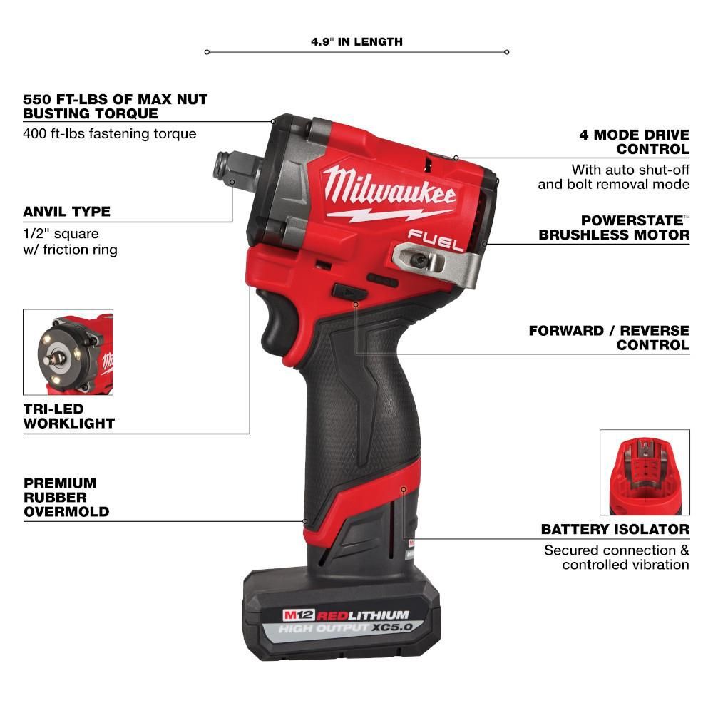 Milwaukee M12 FUEL Stubby 1/2 Inch Impact Wrench Kit, large image number 4