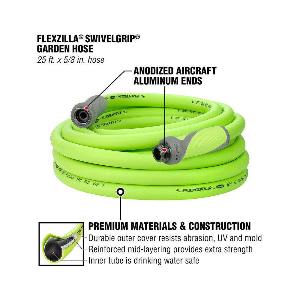 Flexzilla SwivelGrip Garden Hose, 5/8 Inch x 25 Feet, 3/4 Inch - 11 1/2 GHT Fittings, ZillaGreen, large image number 2