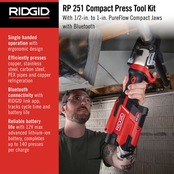 Ridgid RP 251 Press Tool Battery Kit with 1/2 Inch, 3/4 Inch and 1 Inch PureFlow Jaws, large image number 1