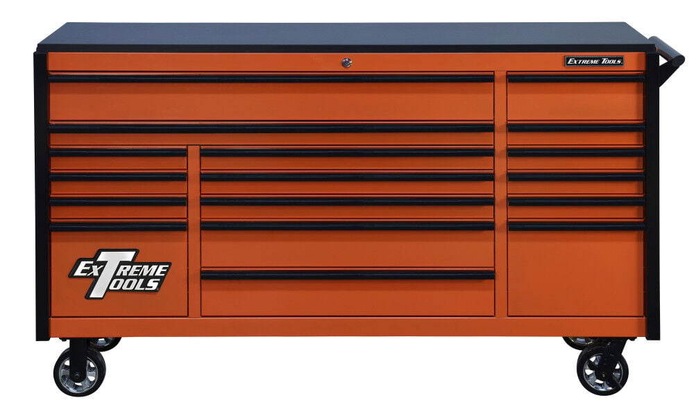 Extreme Tools DX Series 72 Inch W x 21 Inch D 17 Drawer Triple Bank Roller Cabinet 100 lbs Slides Orange with Black Drawer Pulls, large image number 1