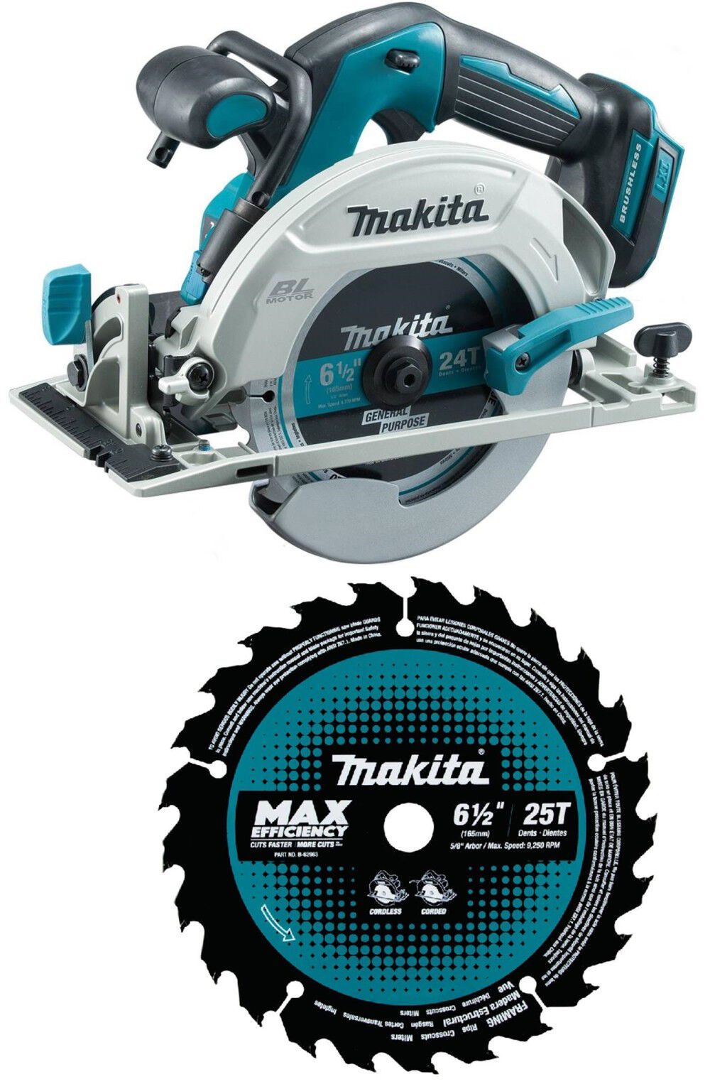 Makita 18V LXT Lithium-Ion Brushless Cordless 6-1/2 in. Circular Saw (Bare Tool) & 6-1/2 Inch 25T Carbide-Tipped Framing Circular Saw Blade, large image number 1