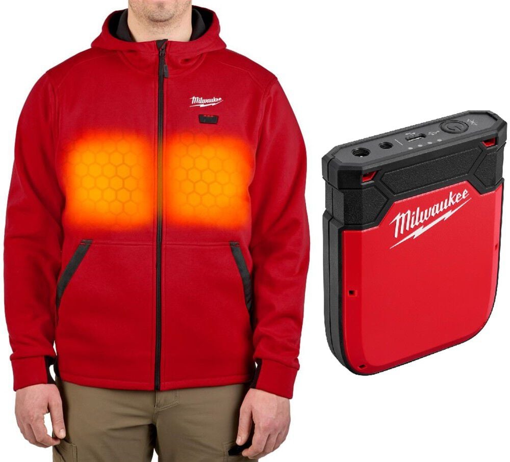 Milwaukee M12 Heated Hoodie, Red, 2X & Heated Gear Power Source with App Control Bundle Size 2XL – MIL000011592