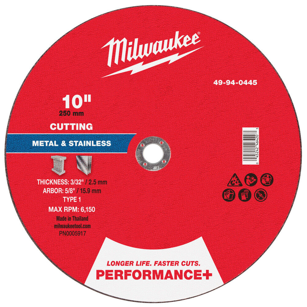 Milwaukee 10 Inch x 3/32 Inch x 5/8 Inch Performance+ Metal Cut Off Wheel Type 1, large image number 1