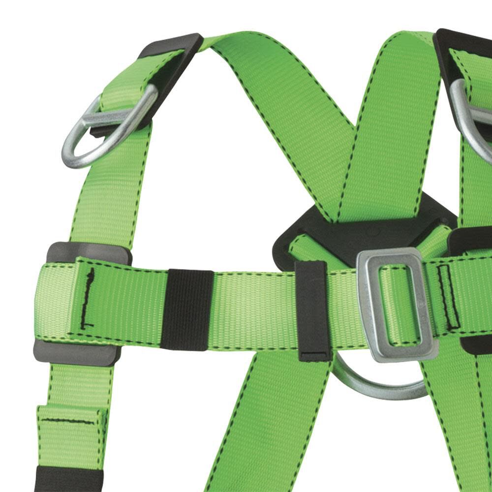 Peakworks Full Body Safety Harness 5-Point Adjustment with Fall Indicator Back and Shoulder D-Rings Pass Thru Leg Buckles Hi-Vis Green/Black Universal Fit, large image number 2