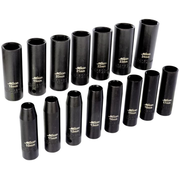 Milton 1/2 Drive Deep 6-Point Impact Socket Set 10-24mm Metric Steel Coated Black Oxide Finish 15pc, large image number 1