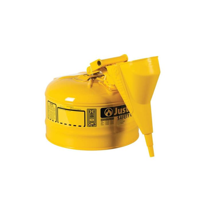 Justrite 2.5 Gal Steel Safety Yellow Diesel Fuel Can Type I with Funnel, large image number 1