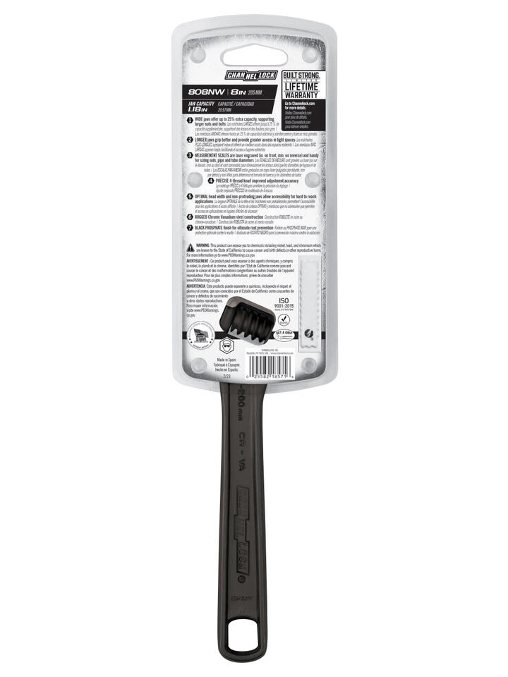 Channellock 8 Inch Chrome Vanadium Steel Wide Adjustable Wrench, large image number 2
