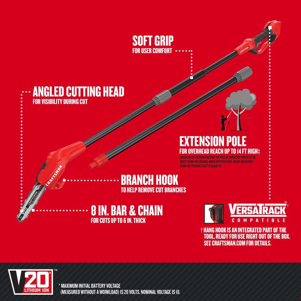CRAFTSMAN V20 8 Inch Cordless Pole Chainsaw (Bare Tool), large image number 2