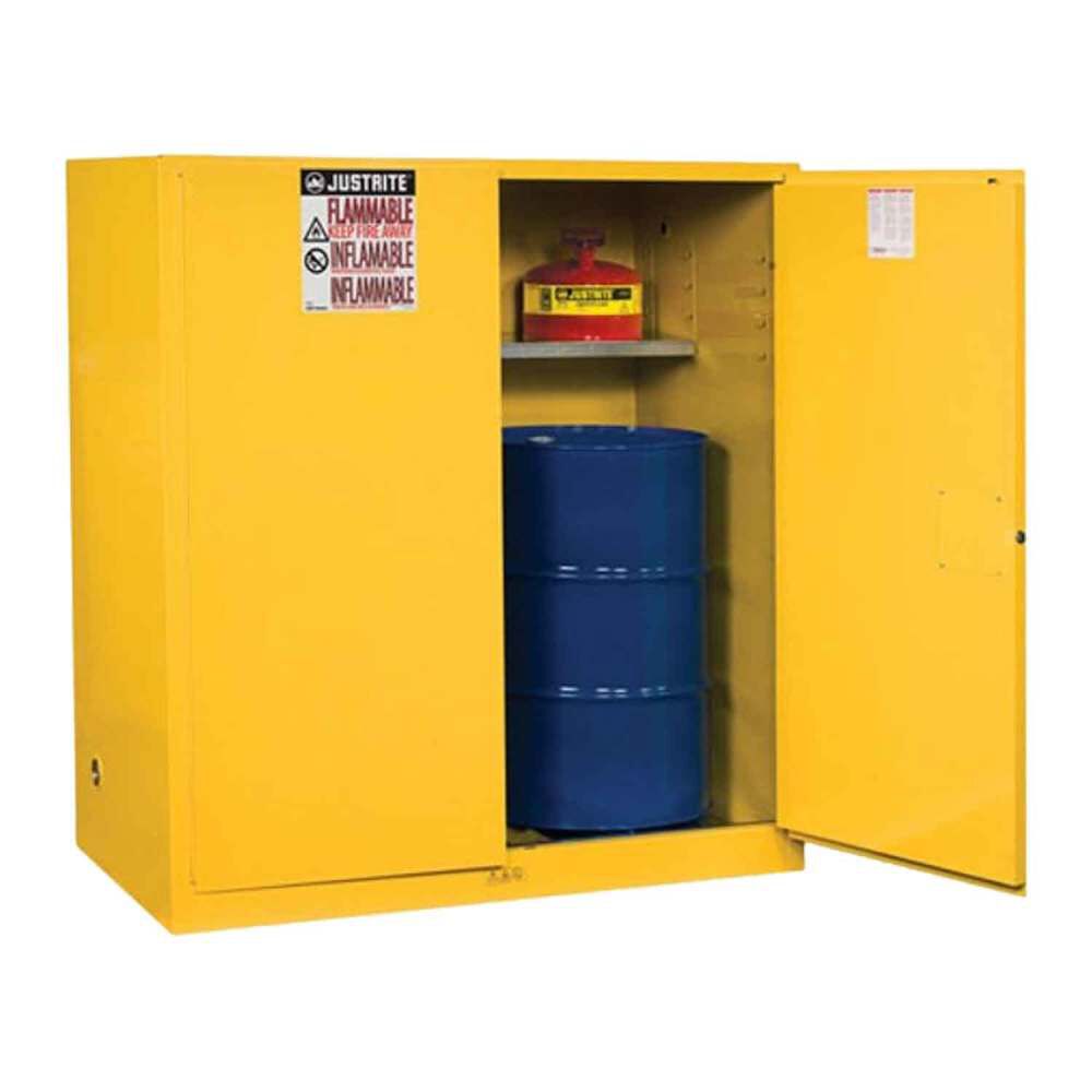 Justrite 110 Gallon Yellow Steel Manual Close Cabinet with Drum Support, large image number 1