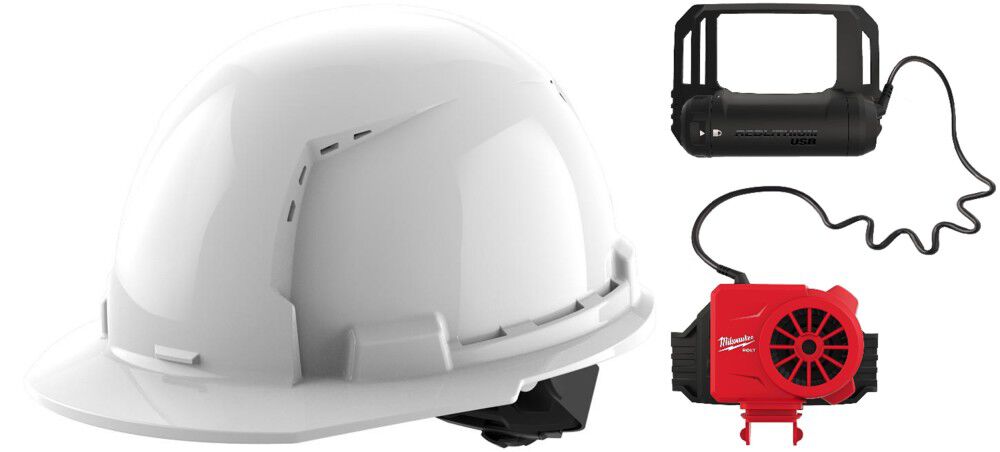 Milwaukee White Front Brim Vented Hard Hat with 4pt Ratcheting Suspension Type 1 Class C & BOLT Cooling Fan Bundle - MIL000011758