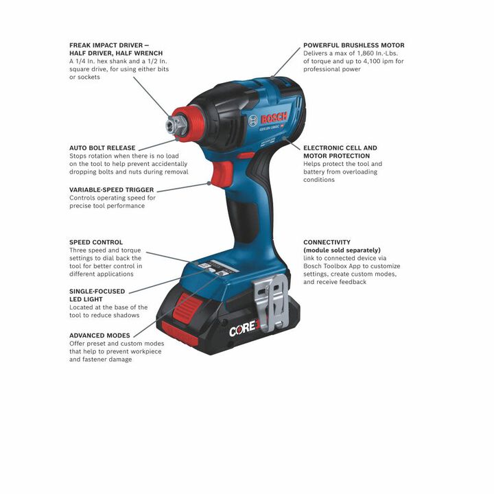 Bosch Promotional 18V Freak 1/4in & 1/2in Two In One Bit/Socket Impact Driver Kit, large image number 2