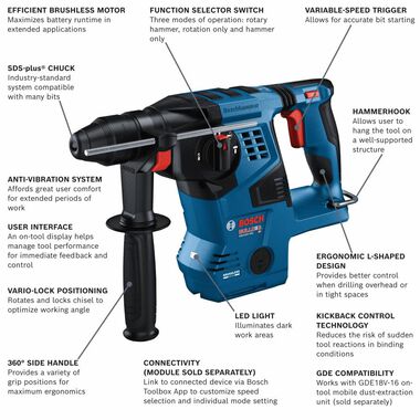 Bosch 18V Brushless Connected-Ready SDS-plus Bulldog 1-1/8in Rotary Hammer (Bare Tool), large image number 2