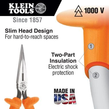 Klein Tools Long Nose Pliers Insul Cut 8in L, large image number 1