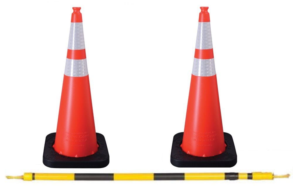Vizcon Adjustable 4-6 Foot Retractable Cone Bar with Yellow with Black & 2 36 Inch Enviro-Cone with Collars – ATB000011715