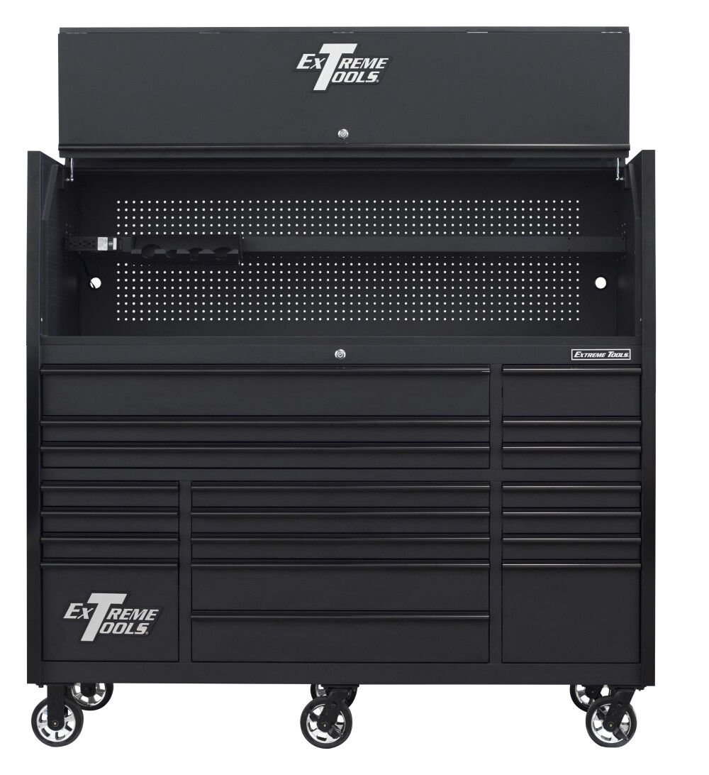 This Extreme Tools Professional Hutch and 19-Drawer Roller Cabinet Combo creates a convenient, organized work space in your shop. The hutch includes