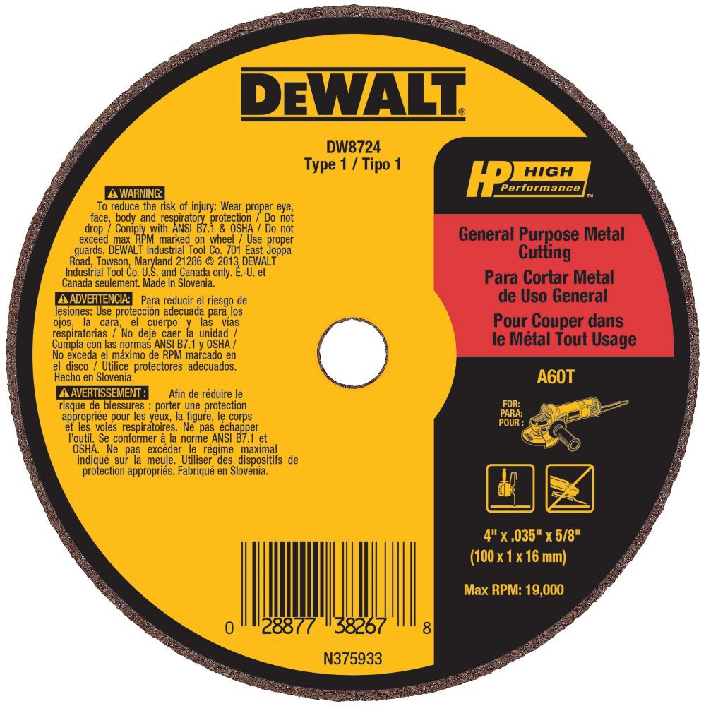 DEWALT 4 In. x .035 In. x 5/8 In. A60T Long Life Wheel, large image number 1