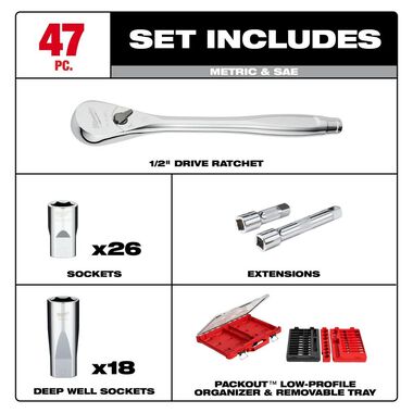 Milwaukee 1/2in Drive Ratchet & Socket Set with PACKOUT Organizer 47pc, large image number 1