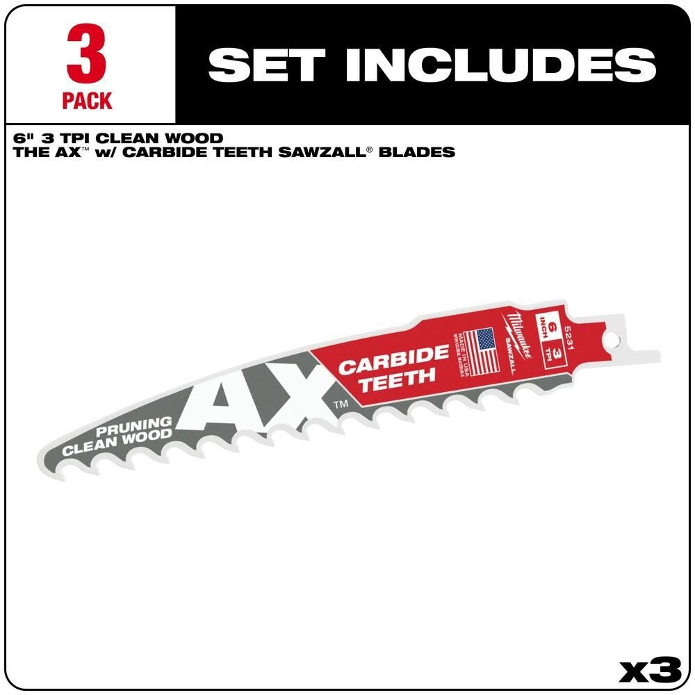 Milwaukee 6inch 3 TPI The AX with Carbide Teeth for Pruning & Clean Wood SAWZALL Blade 3PK, large image number 2