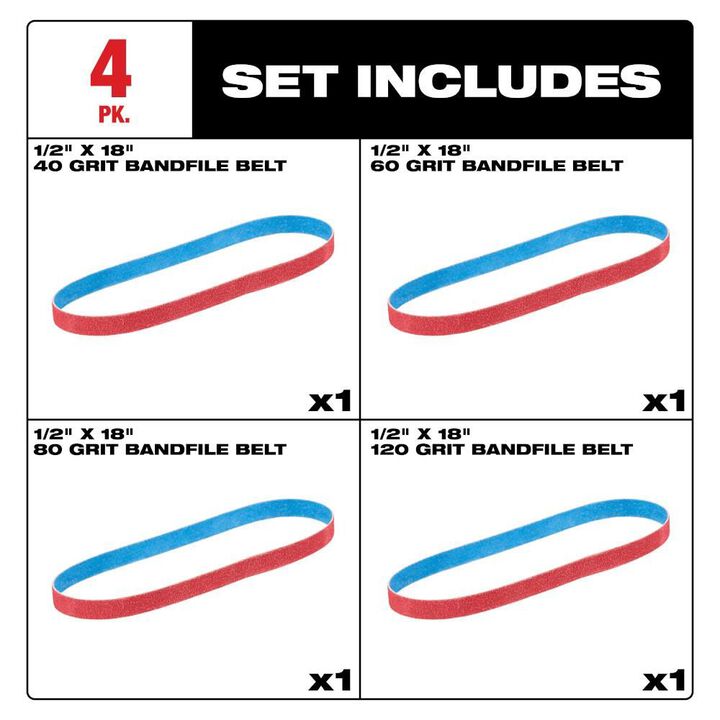 Milwaukee 1/2 Inch x 18 Inch 40/60/80/120 Grit Bandfile Belts  4 Pack Variety, large image number 1