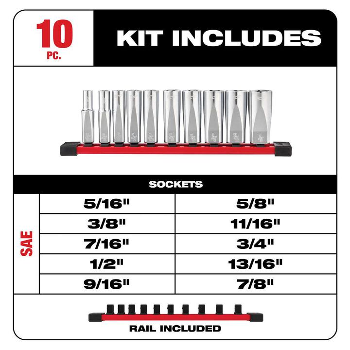Milwaukee 10pc 3/8 in. SAE Deep Well Sockets with FOUR FLAT Sides, large image number 1
