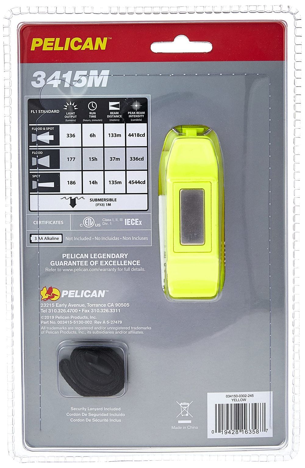 Pelican 3415M Hi-Viz Yellow 336 Lumens Battery Powered LED Flashlight, large image number 9
