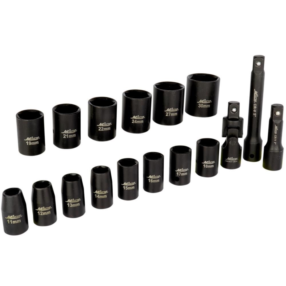 Milton 1/2 Drive Shallow 6-Point Impact Socket Set 11-30mm Metric Steel Coated Black Oxide Finish with Universal Joint & Extension Bars 17pc, large image number 4