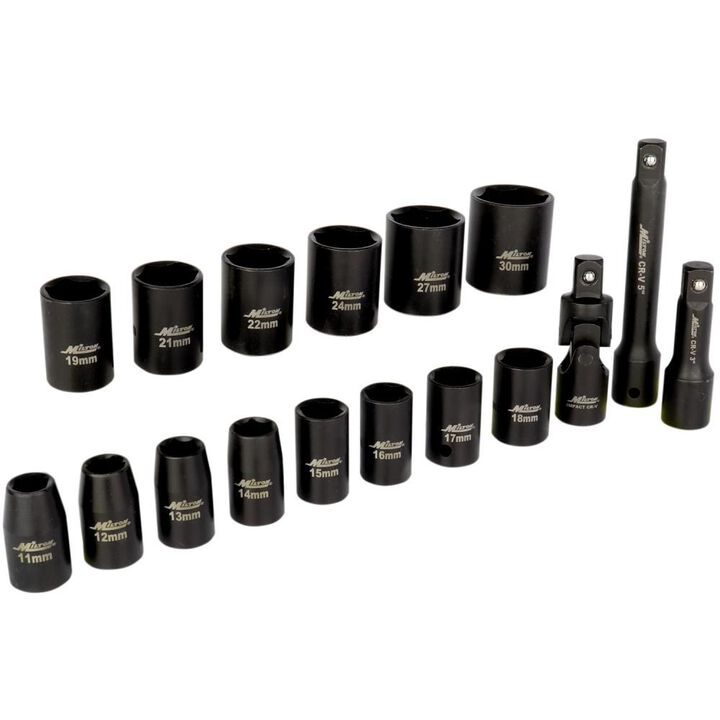 Milton 1/2 Drive Shallow 6-Point Impact Socket Set 11-30mm Metric Steel Coated Black Oxide Finish with Universal Joint & Extension Bars 17pc, large image number 3