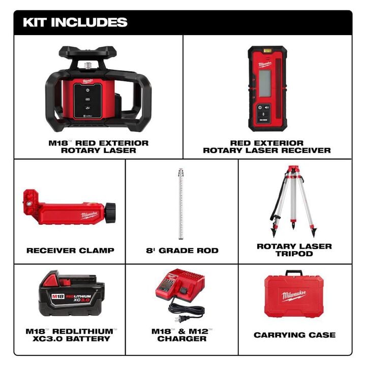 Milwaukee M18 Red Exterior Rotary Laser Level Kit with Receiver, Tripod, & Grade Rod, large image number 2