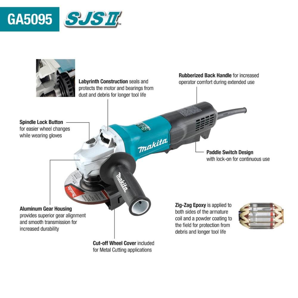 Makita 5 in SJS II High-Power Angle Grinder, Paddle Switch