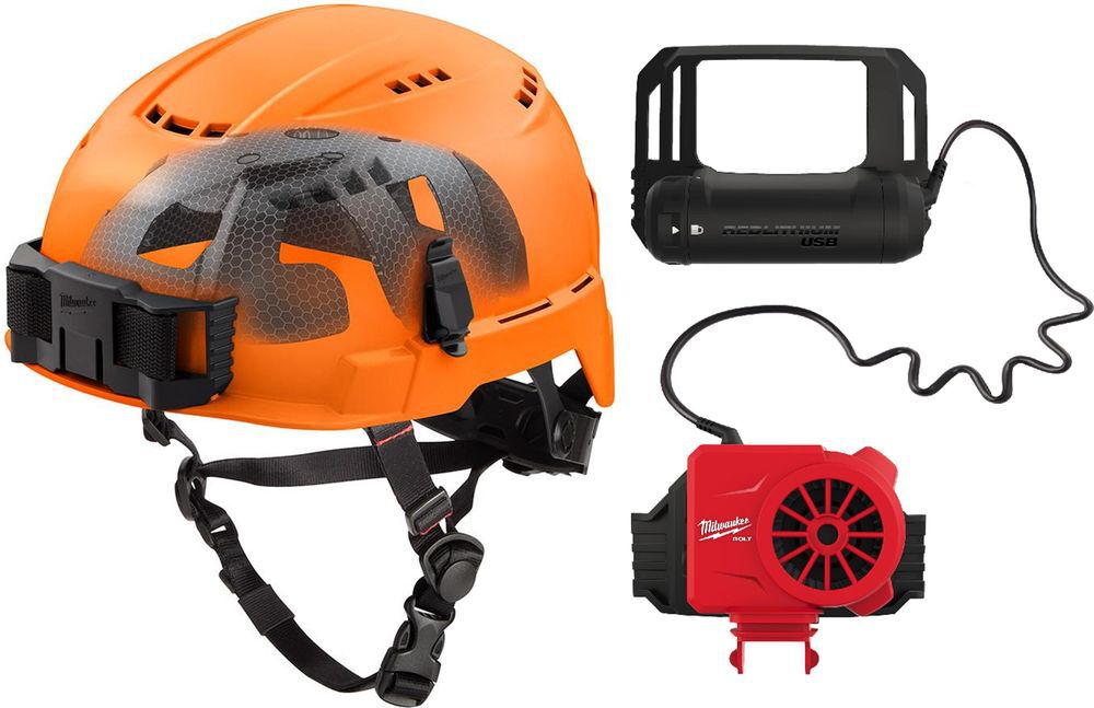 Milwaukee BOLT Orange Vented Safety Helmet with IMPACT ARMOR Liner Type 2 Class C & USB Cooling Fan Bundle - MIL000011803