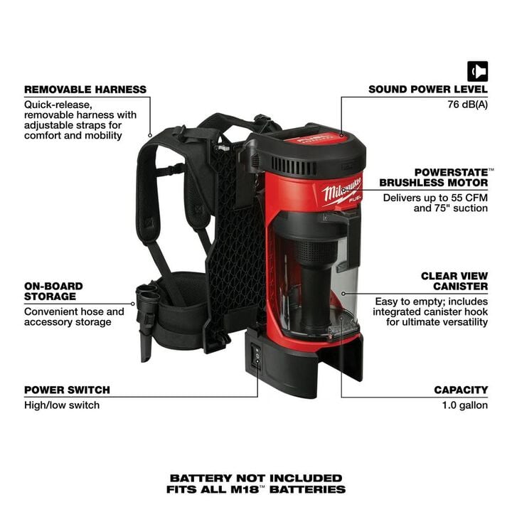 Milwaukee M18 FUEL 3-in-1 Backpack Vacuum (Bare Tool), large image number 6