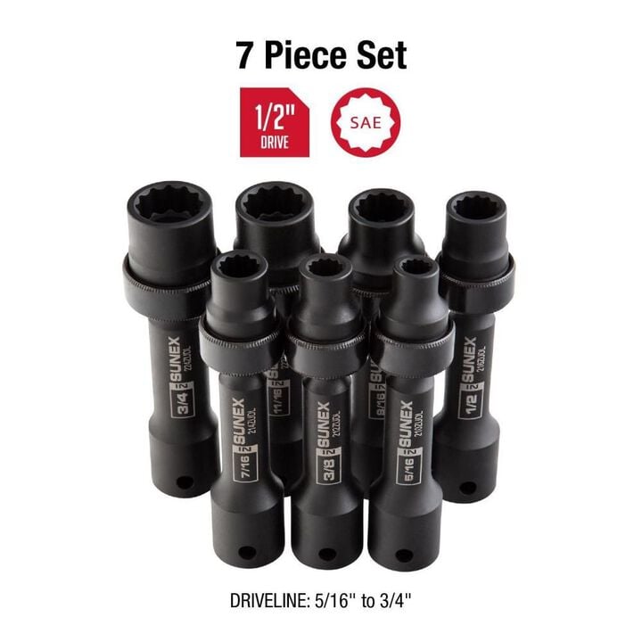 Sunex 7 pc. 1/2 In. Drive 12 Pt. SAE Driveline Limited Clearance Impact Socket Set, large image number 1