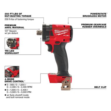 Milwaukee M18 FUEL 1/2 Compact Impact Wrench with Pin Detent, large image number 2