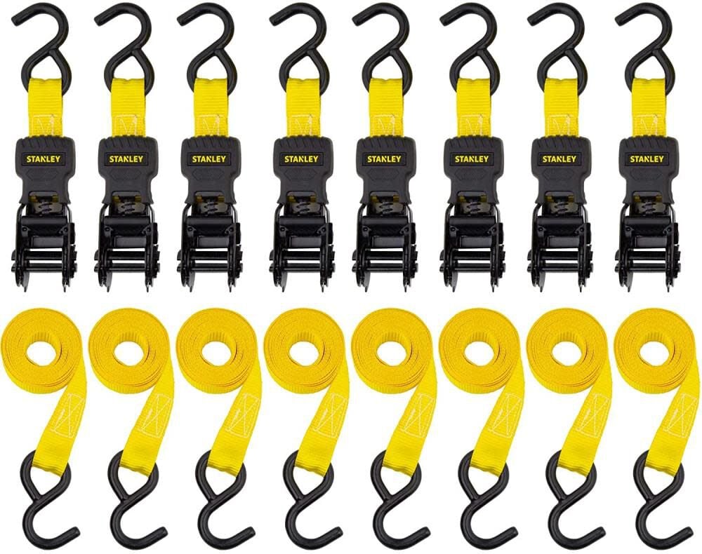 Stanley S1000 Ratchet Tie Down Straps 1in x 10' Light Cargo Hauling 1500 lbs Break Strength 8pk, large image number 1