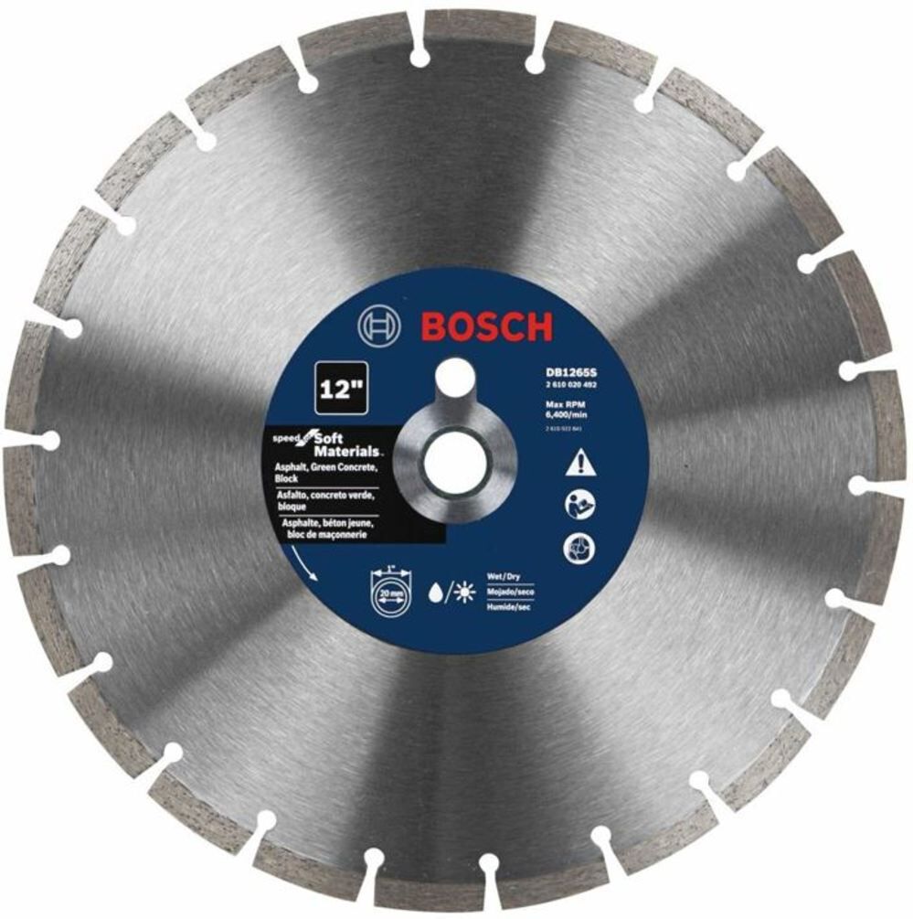 Bosch 12 Inch Standard Segmented Rim Diamond Blade for Fast Cuts in Asphalt, Green Concrete, and Soft Block – DB1265S
