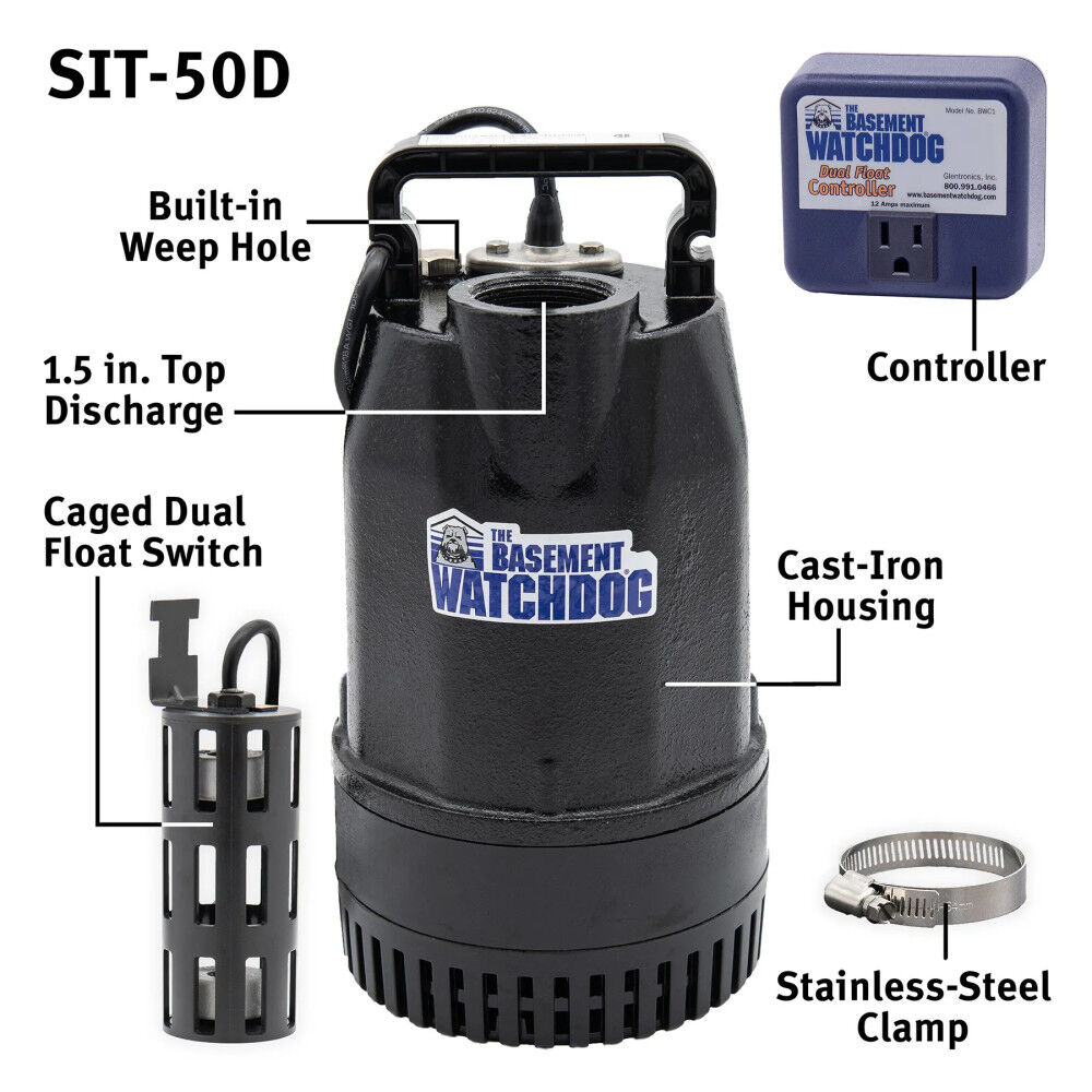 The Basement Watchdog 1/2HP 73.3 GPM PSC Water Cooled Motor AC Submersible Sump Pump, large image number 2