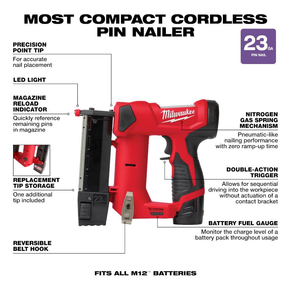 Milwaukee M12 23 Gauge Pin Nailer Kit 254021 Acme Tools