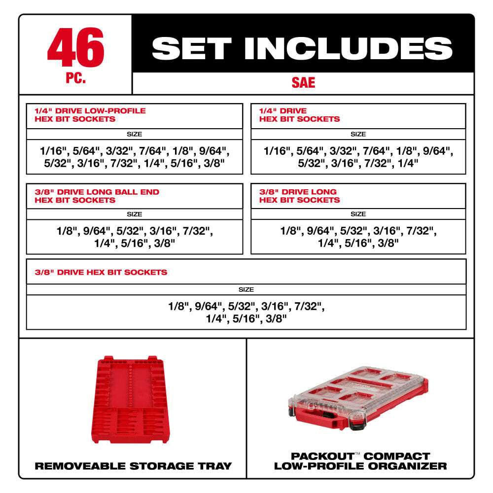 Milwaukee 1/4 Inch and 3/8 Inch Drive SAE Bit Socket Set with PACKOUT Compact Low-Profile Organizer, 46 Pieces, large image number 3