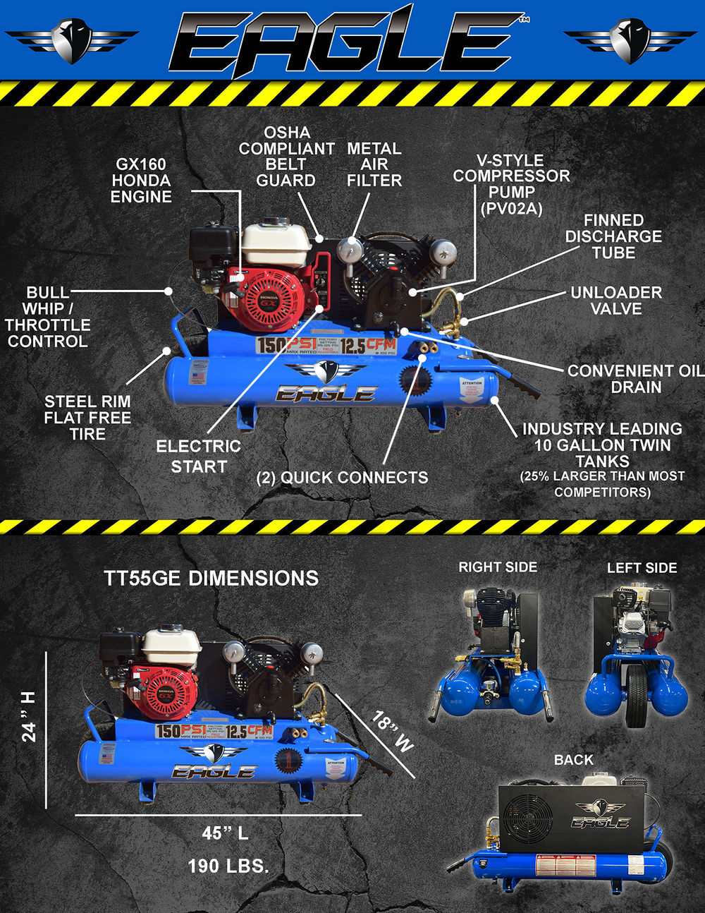 Eagle Compressor Portable Gas Wheel Barrow Air Compressor Electric Start 10 Gallon, large image number 2