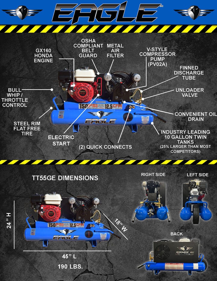 Eagle Compressor Portable Gas Wheel Barrow Air Compressor Electric Start 10 Gallon, large image number 1