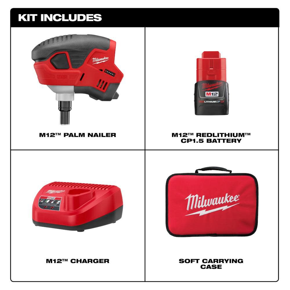 Milwaukee M12 Cordless Lithium Ion Palm Nailer Kit 2458 21 Acme Tools