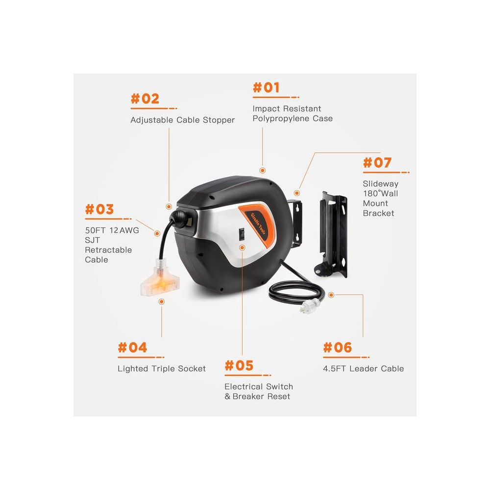 Giraffe Tools 12AWG SJTOW 50 Foot 125V 15A 1500W Retractable Extension Cord Reel, large image number 9