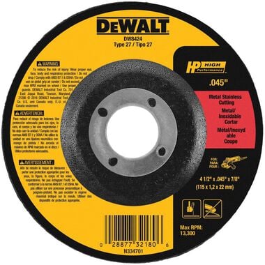 DEWALT 4-1/2In x .045In x 7/8In Type 27 High Performace Metal Cutting Wheel