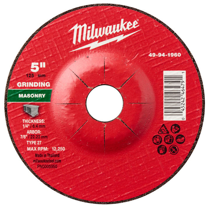 Milwaukee 5 Inch x 1/4 Inch x 7/8 Inch Masonry Grinding Wheel Type 27, large image number 0