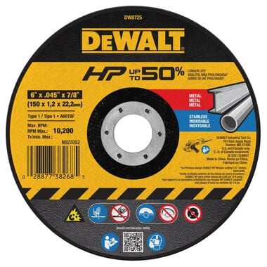 DEWALT Cutting Wheel 6in X .045in X 7/8in HP T1, large image number 0