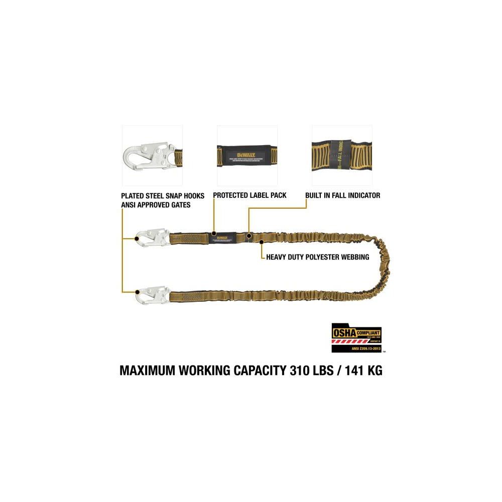 DEWALT 6 ft Internal Energy Absorber Single Leg Lanyard with Snap Hooks, large image number 2