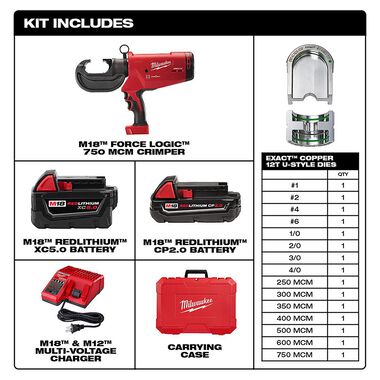 M18™ FORCE LOGIC™ 750 MCM Crimper Kit with EXACT™ #6 to 750 ...