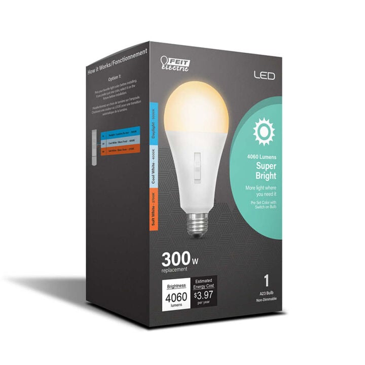 Feit Electric 33W 4060 Lumens E26 Base A23 Color Selectable LED Bulb, large image number 1